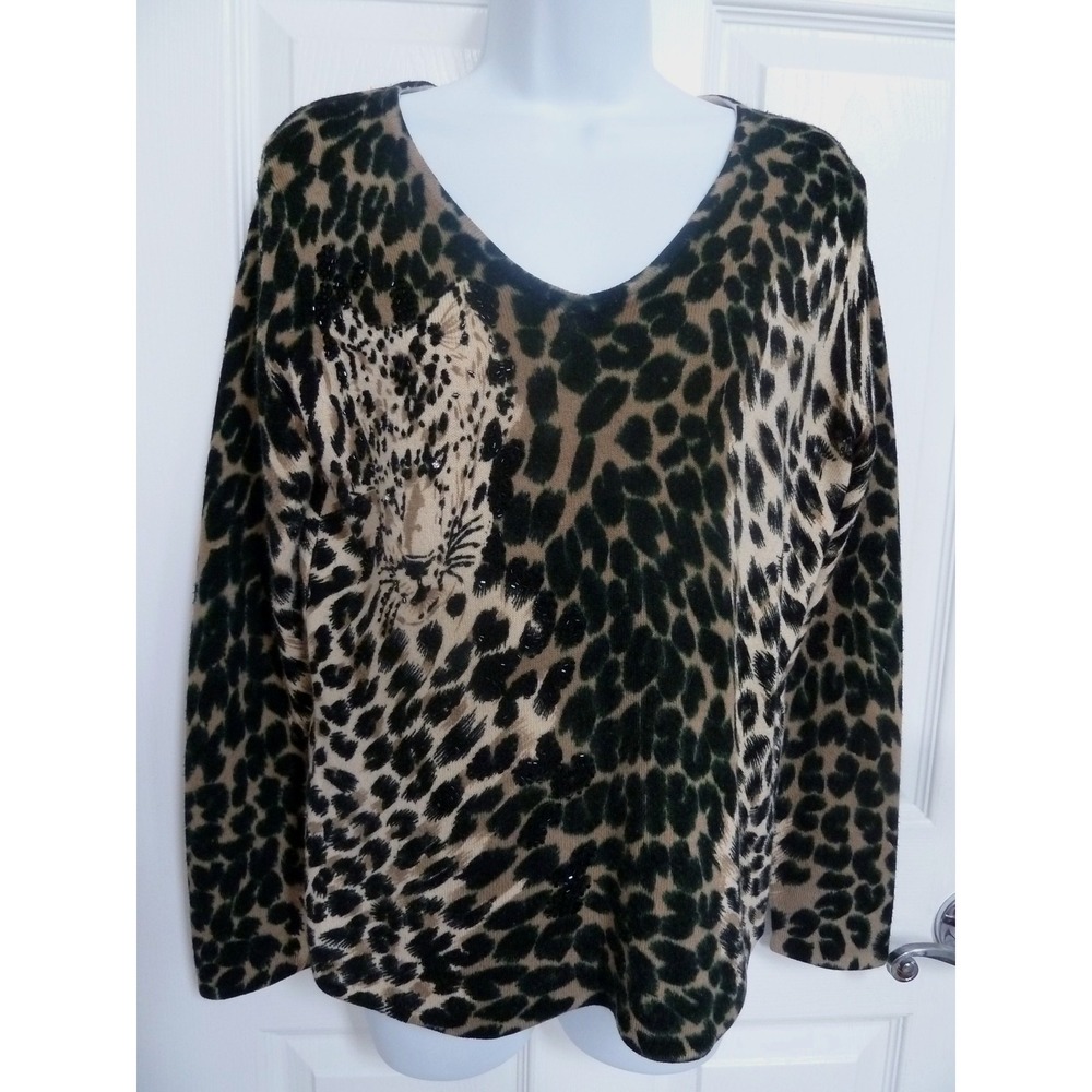 Designers Originals Vintage Beaded Jaguar Leopard Sweater Brown Beige Black M